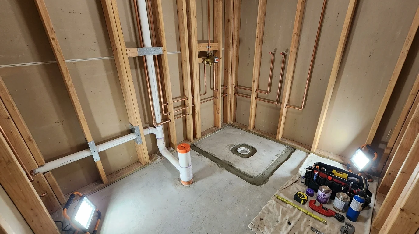 Bathroom rough-in plumbing during remodel by Johns Plumbing LLC in Rutherfordton