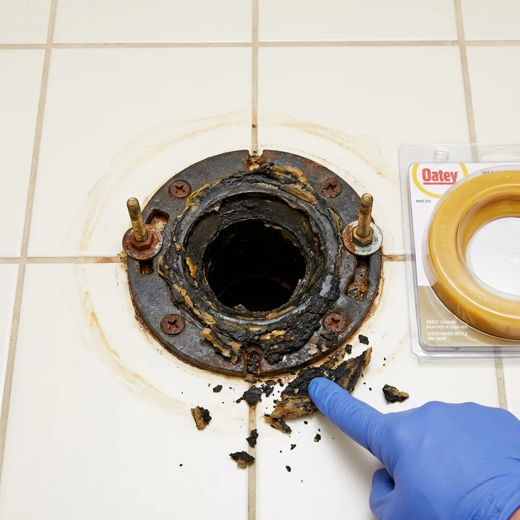 Failed wax ring showing water seepage at the base of a toilet in a Rutherfordton, NC home
