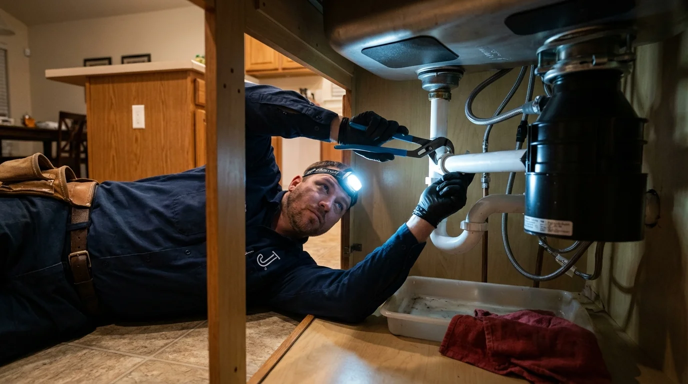 P-trap and supply line connections under a kitchen sink showing a common leak point in Rutherfordton, NC